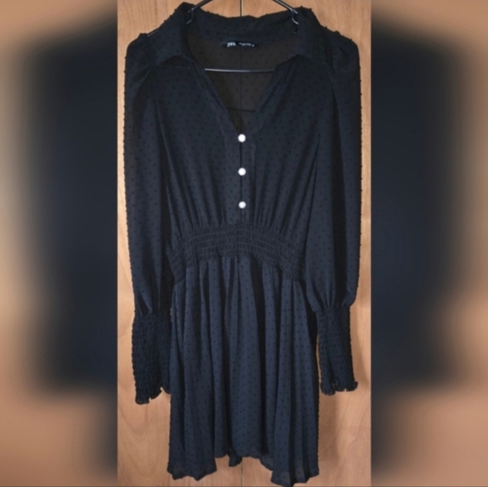 Zara Black Long-Sleeve Smocked-Waist Dress